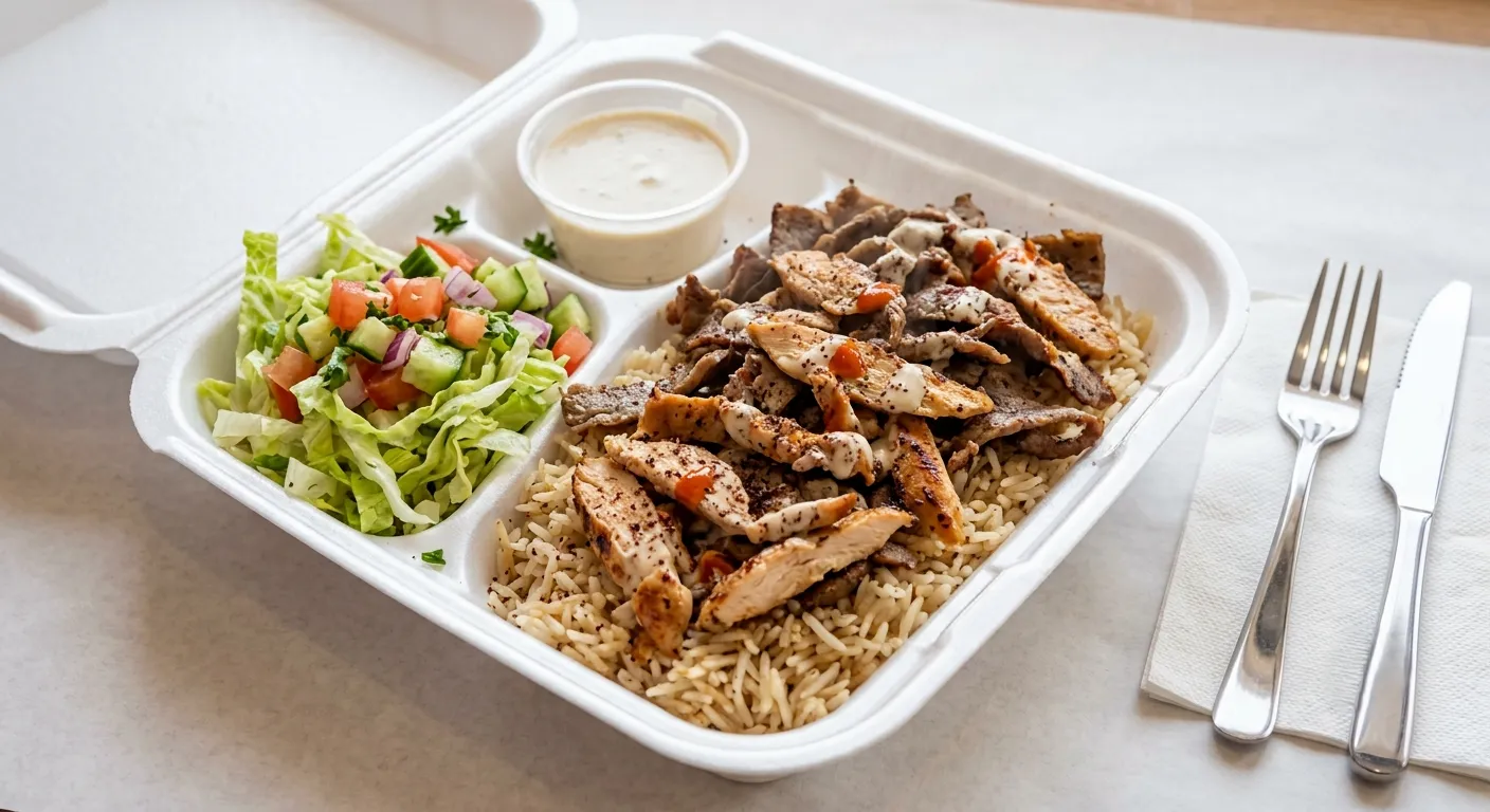 Beef and chicken mix rice plate at Calgary Shawarma, Edmonton Trail NE